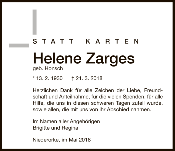 Traueranzeige von Helene Zarges von WLZ