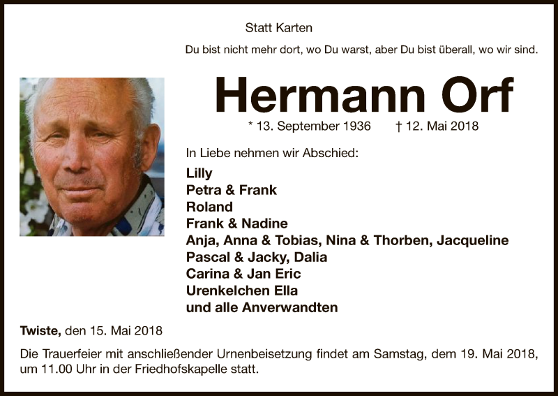  Traueranzeige für Hermann Orf vom 15.05.2018 aus WLZ