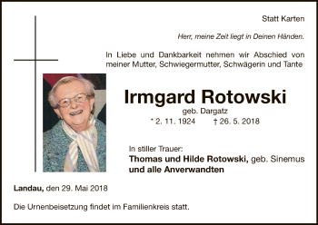 Traueranzeige von Irmgard Rotowski von WLZ