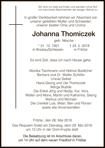 Traueranzeige von Johanna Thomiczek von WLZ