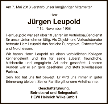 Traueranzeige von Jürgen Leupold von WLZ