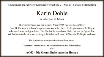 Traueranzeige von Karin Dohle von WLZ