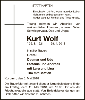 Traueranzeige von Kurt Wolf von WLZ