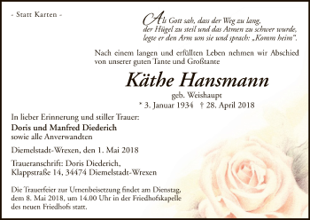 Traueranzeige von Käthe Hansmann von WLZ