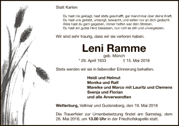 Traueranzeige von Leni Ramme von WLZ