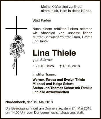 Traueranzeige von Lina Thiele von WLZ