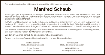 Traueranzeige von Manfred Schaub von WLZ