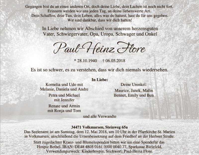  Traueranzeige für Paul-Heinz Flore vom 09.05.2018 aus WLZ