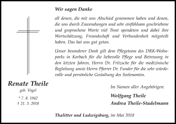 Traueranzeige von Renate Theile von WLZ