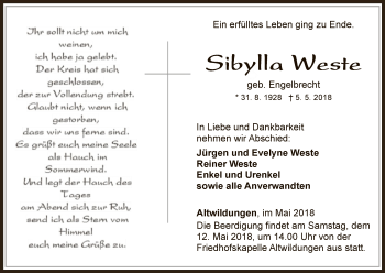 Traueranzeige von Sibylla Weste von WLZ