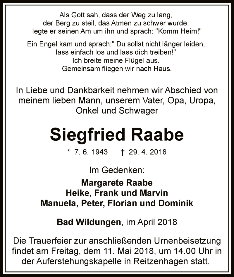  Traueranzeige für Siegfried Raabe vom 05.05.2018 aus WLZ