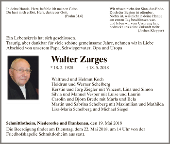 Traueranzeige von Walter Zarges von WLZ