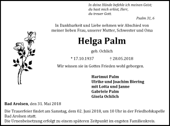 Traueranzeige von Helga Palm von  Waldeckische Landeszeitung