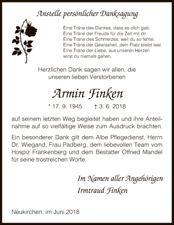 Traueranzeige von Armin Finken von WLZ