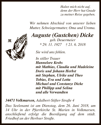 Traueranzeige von Auguste Gustchen Dicke von WLZ
