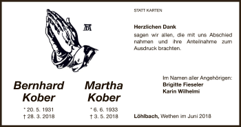 Traueranzeige von Bernhard und Martha Kober von WLZ