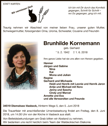 Traueranzeige von Brunhilde Kornemann von WLZ