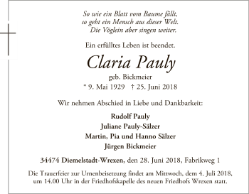 Traueranzeige von Claria Pauly von WLZ