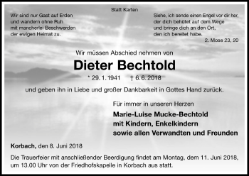 Traueranzeige von Dieter Bechtold von WLZ