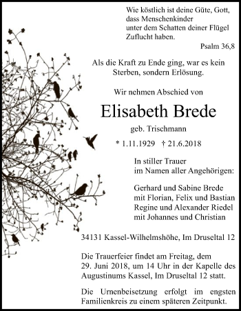 Traueranzeige von Elisabeth Brede von WLZ