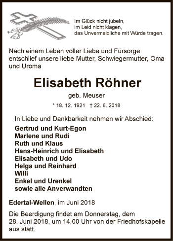 Traueranzeige von Elisabeth Röhner von WLZ