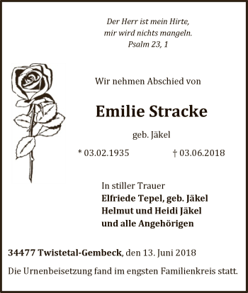 Traueranzeige von Emilie Stracke von WLZ