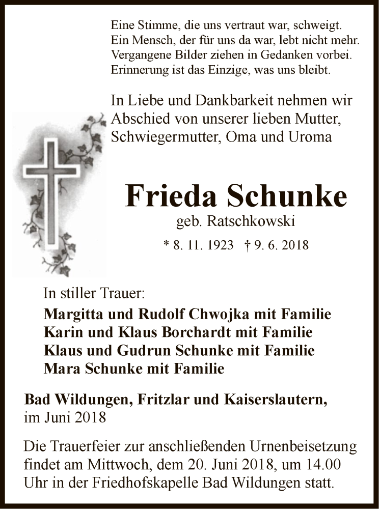  Traueranzeige für Frieda Schunke vom 16.06.2018 aus WLZ