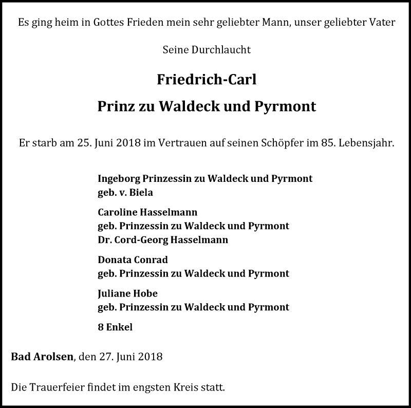  Traueranzeige für Friedrich-Carl Prinz zu Waldeck und Pyrmont vom 27.06.2018 aus WLZ