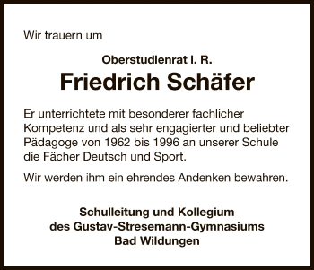 Traueranzeige von Friedrich Schäfer von WLZ