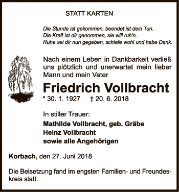 Traueranzeige von Friedrich Vollbracht von WLZ
