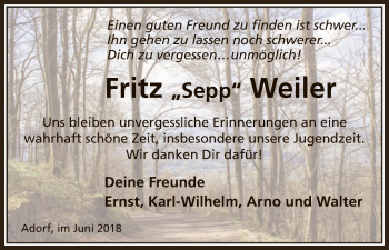 Traueranzeige von Fritz Weiler von WLZ