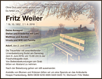 Traueranzeige von Fritz Weiler von WLZ