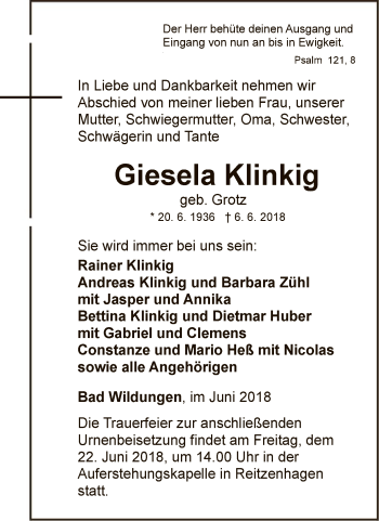 Traueranzeige von Giesela Klinkig von WLZ