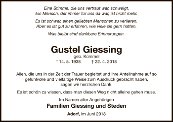 Traueranzeige von Gustel Giessing von WLZ