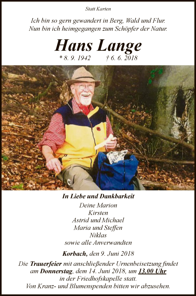  Traueranzeige für Hans Lange vom 09.06.2018 aus WLZ