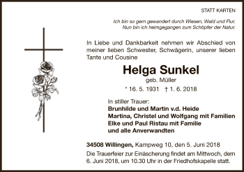Traueranzeige von Helga Sunkel von WLZ