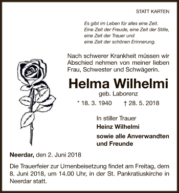 Traueranzeige von Helma Wilhelmi von WLZ