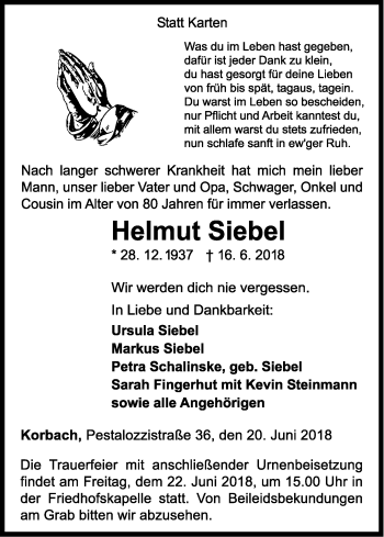 Traueranzeige von Helmut Siebel von WLZ