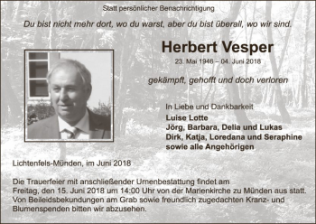 Traueranzeige von Herbert Vesper von WLZ