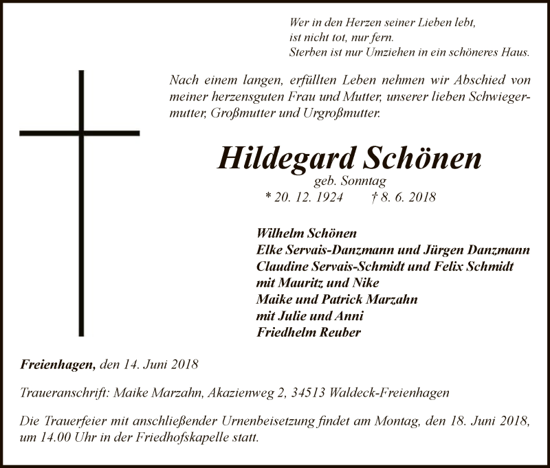  Traueranzeige für Hildegard Schönen vom 14.06.2018 aus WLZ