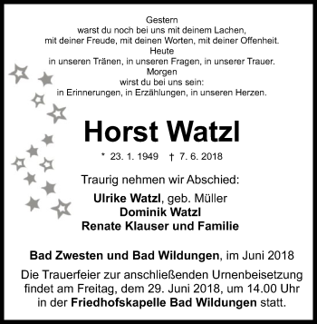 Traueranzeige von Horst Watzl von WLZ