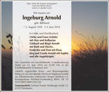 Traueranzeige von Ingeburg Arnold von WLZ
