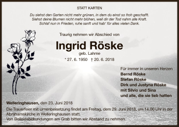 Traueranzeige von Ingrid Röske von WLZ