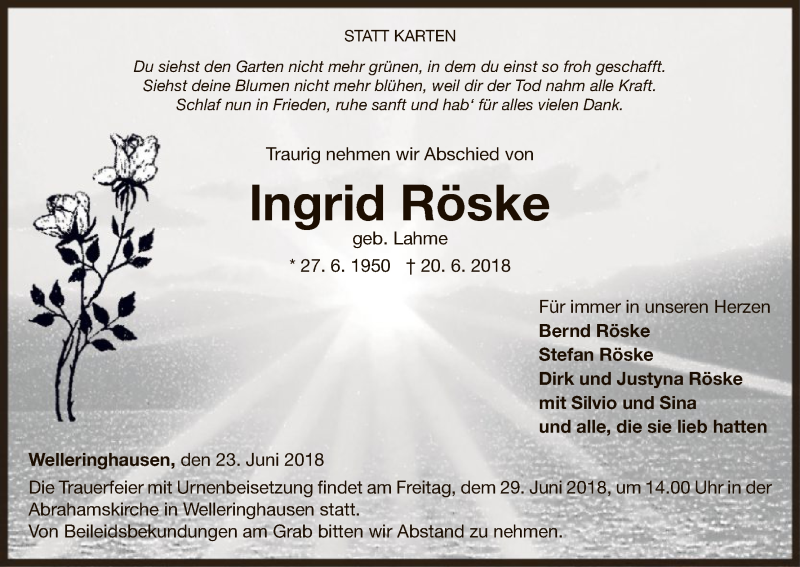  Traueranzeige für Ingrid Röske vom 23.06.2018 aus WLZ