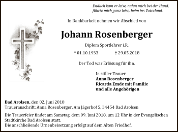 Traueranzeige von Johann Rosenberger von WLZ