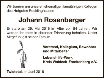 Traueranzeige von Johann Rosenberger von WLZ