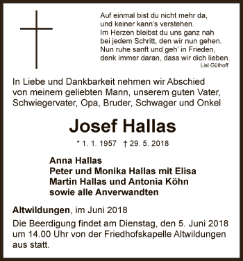 Traueranzeige von Josef Hallas von WLZ