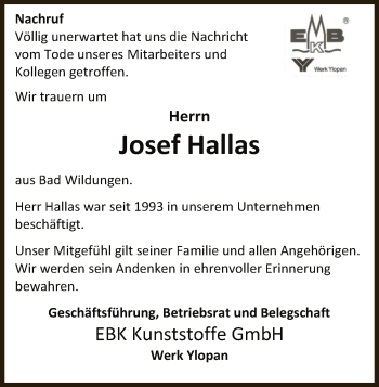 Traueranzeige von Josef Hallas von WLZ