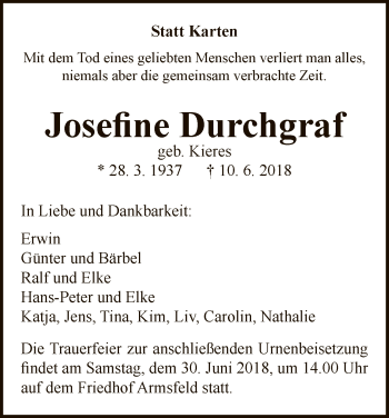 Traueranzeige von Josefine Durchgraf von WLZ