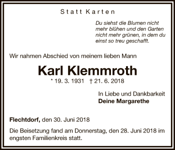 Traueranzeige von Karl Klemmroth von WLZ